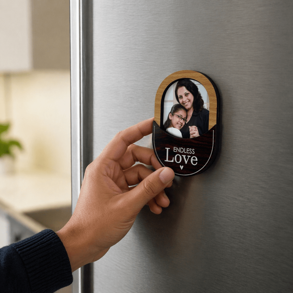 Personalized wooden fridge magnet with family photo
