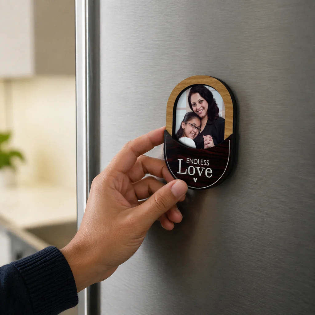 Personalized wooden fridge magnet with family photo