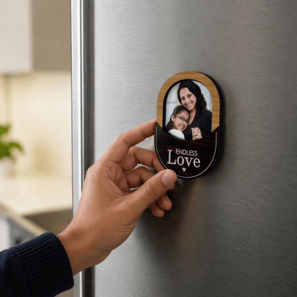 Personalized wooden fridge magnet with family photo